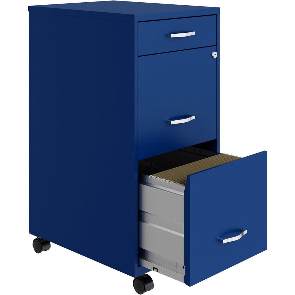 Blue filing cabinet with one drawer open showing interior